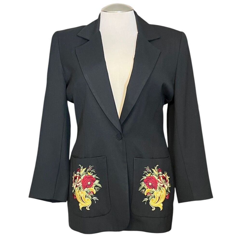HI‎ Studio Women’s Vintage Black Floral Embroidered Pockets Blazer USA